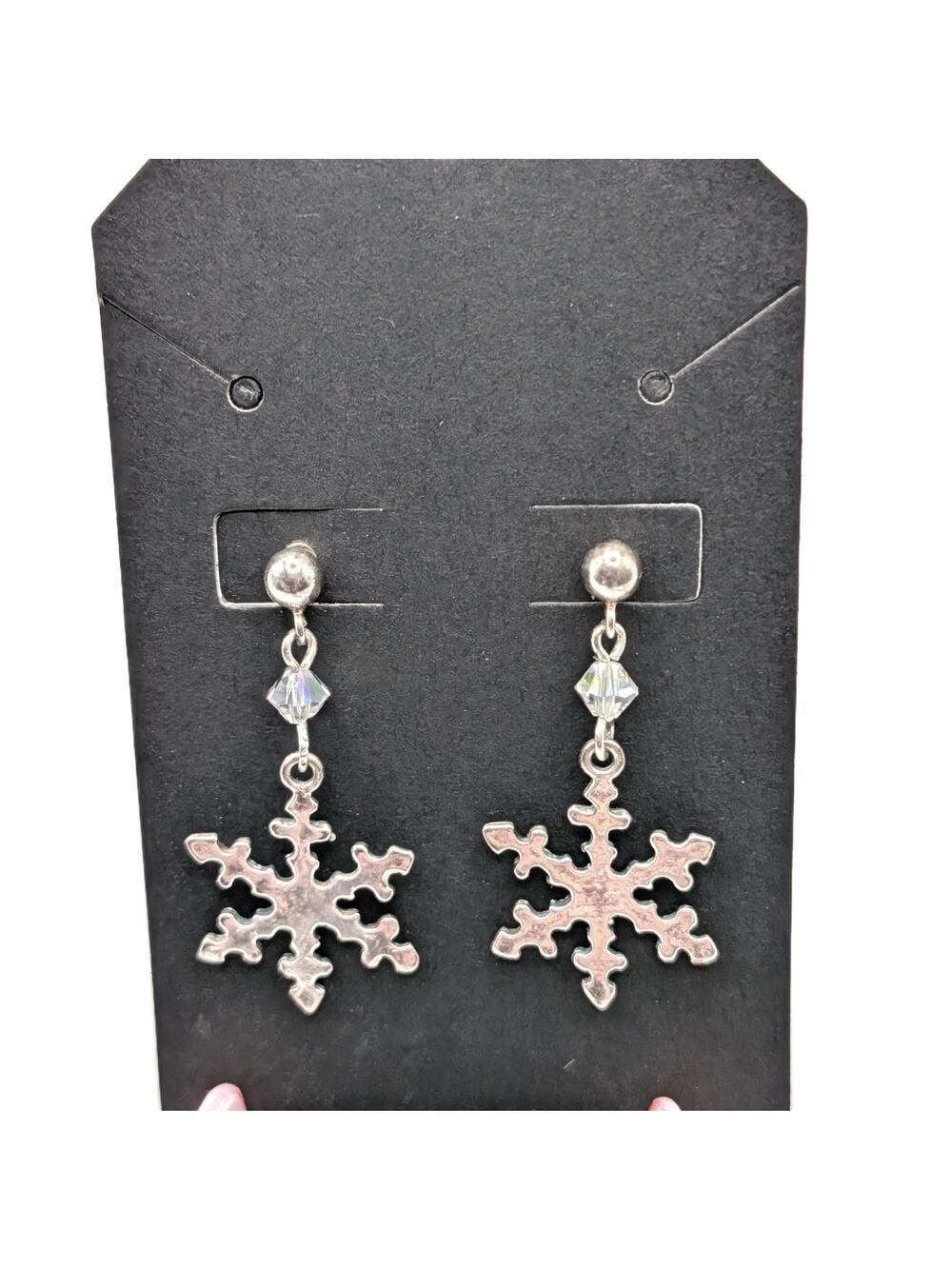 925 Sterling Silver Snowflake Dangle Earrings Crystal Winter 2.41g